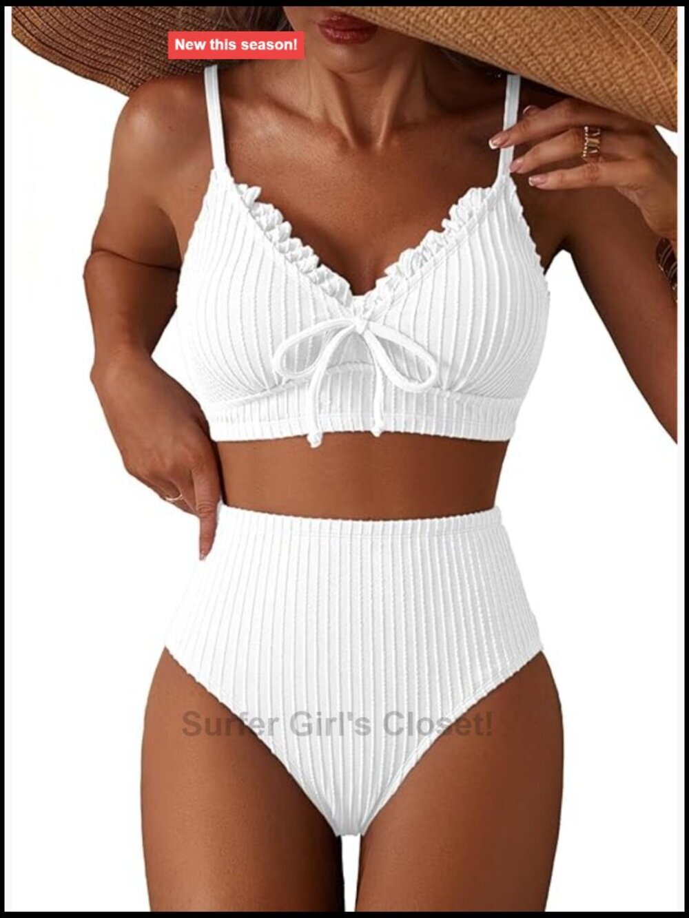 Textured Bikini Set High Waisted Swimwear Ruffle Trim